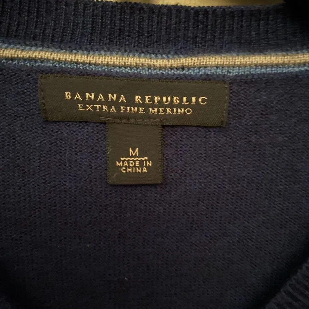 Banana Republic Sweater Mens Medium Merino Wool V-Neck Brown Argyle